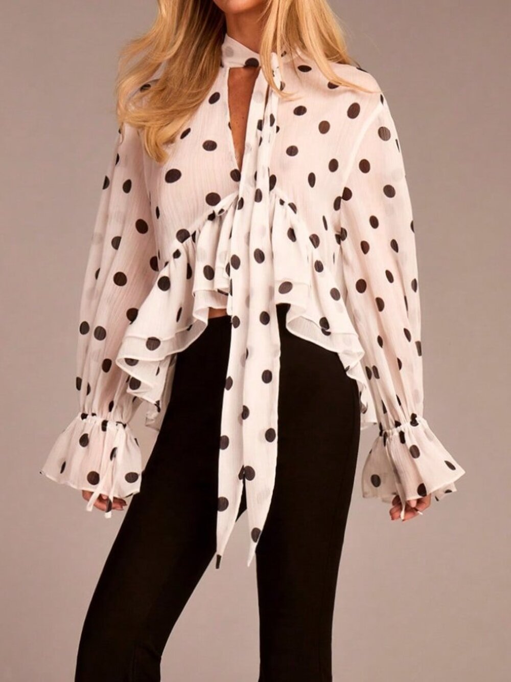 Black And White Elegant Women's Long Sleeve Tie-Waist Ruffle Polka Dot Blouse - Picture 2 of 6